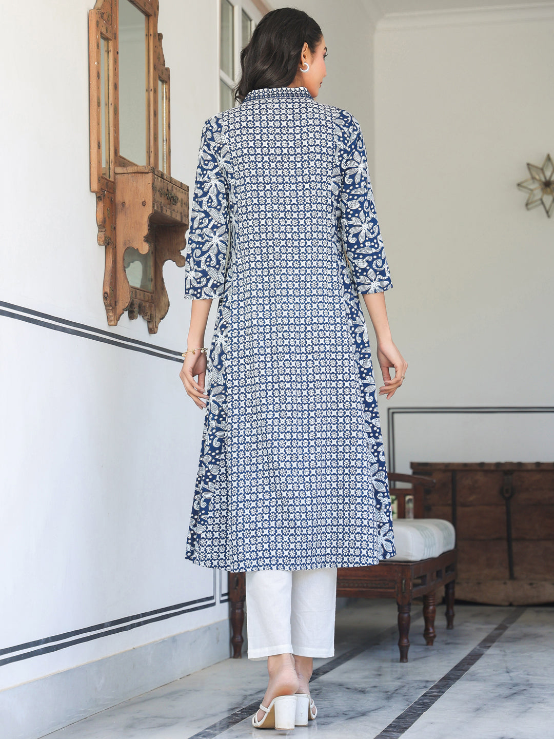 Janasya Dark Cotton Yoke Embroidery A-Line Kurta | Swadesiicart