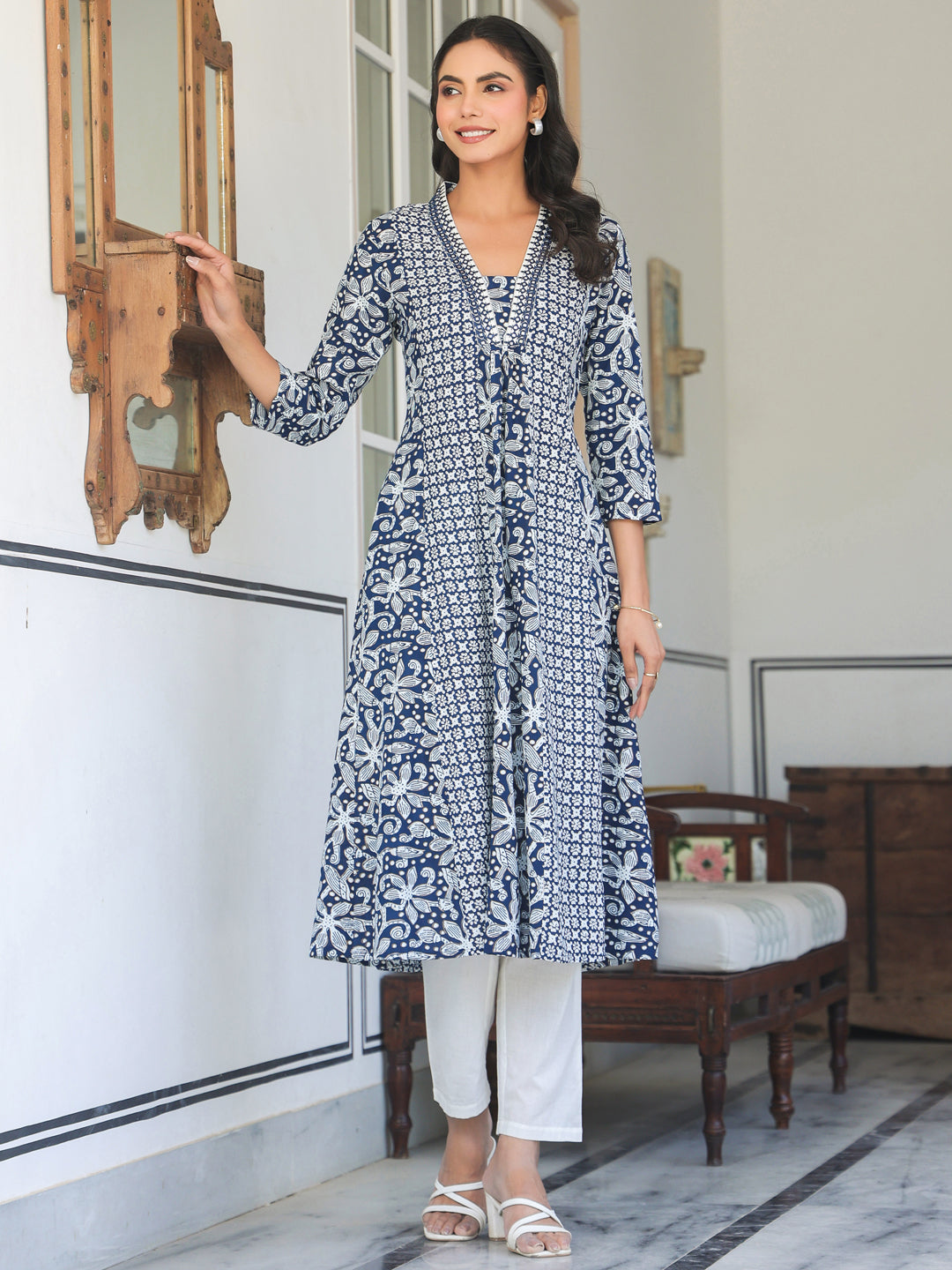 Janasya Dark Cotton Yoke Embroidery A-Line Kurta | Swadesiicart