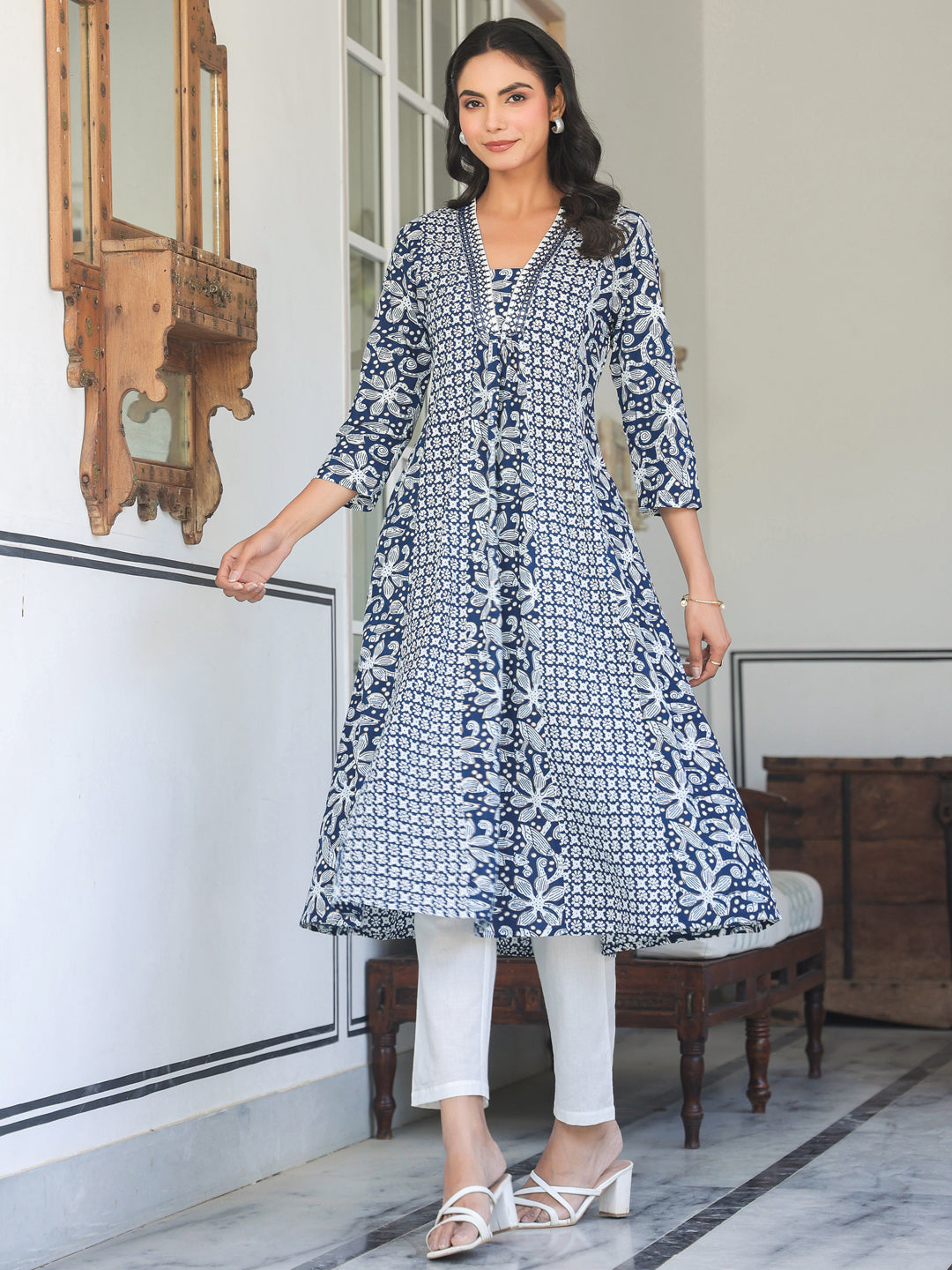 Janasya Dark Cotton Yoke Embroidery A-Line Kurta | Swadesiicart