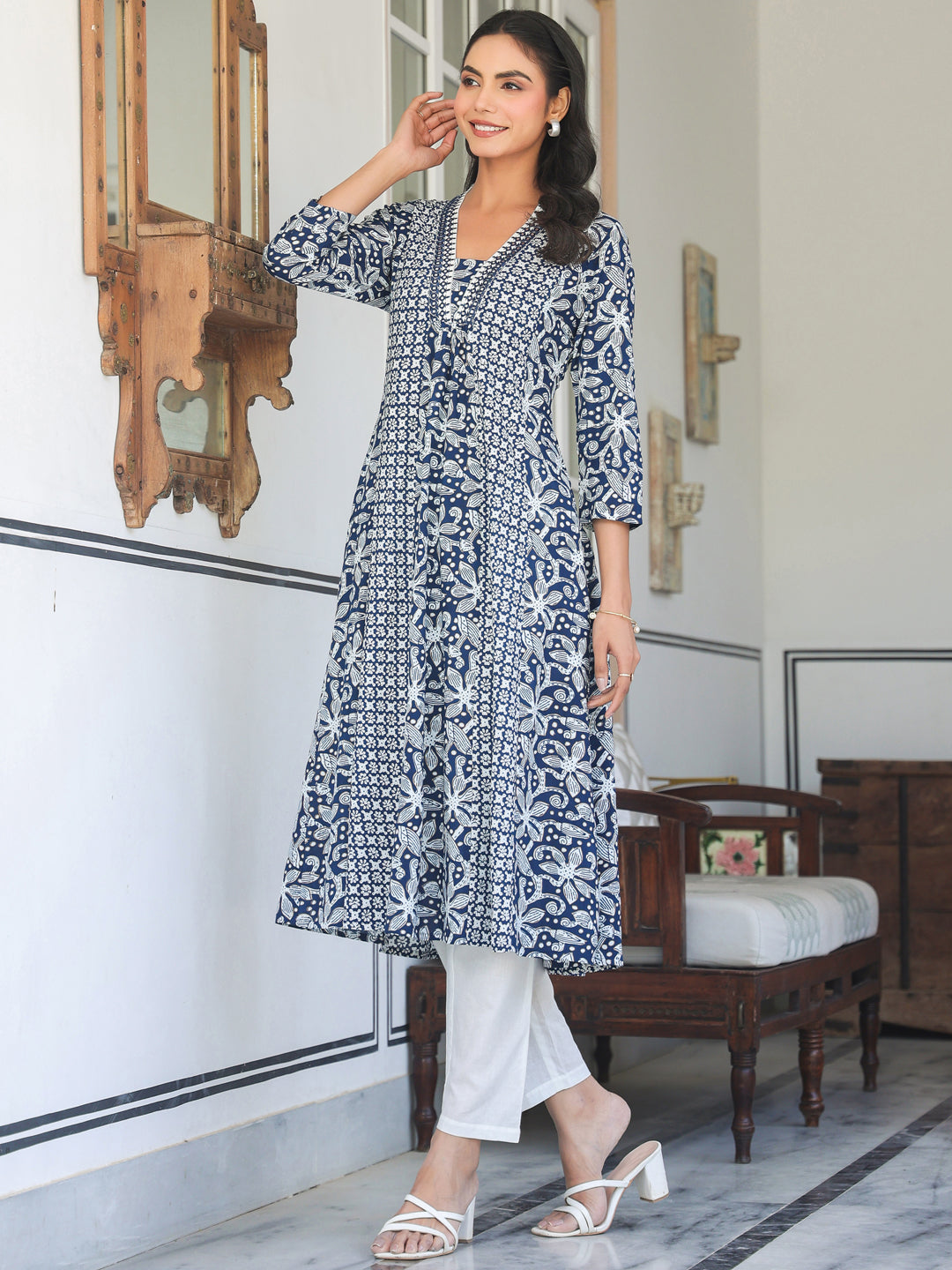 Janasya Dark Cotton Yoke Embroidery A-Line Kurta | Swadesiicart