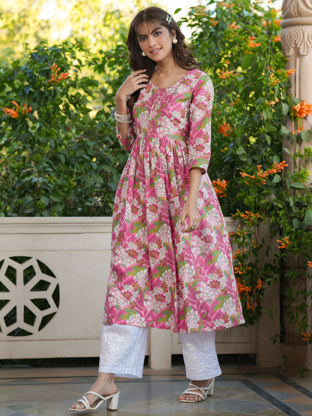 Janasya Bright Cotton Floral A-Line Kurta | Swadesiicart