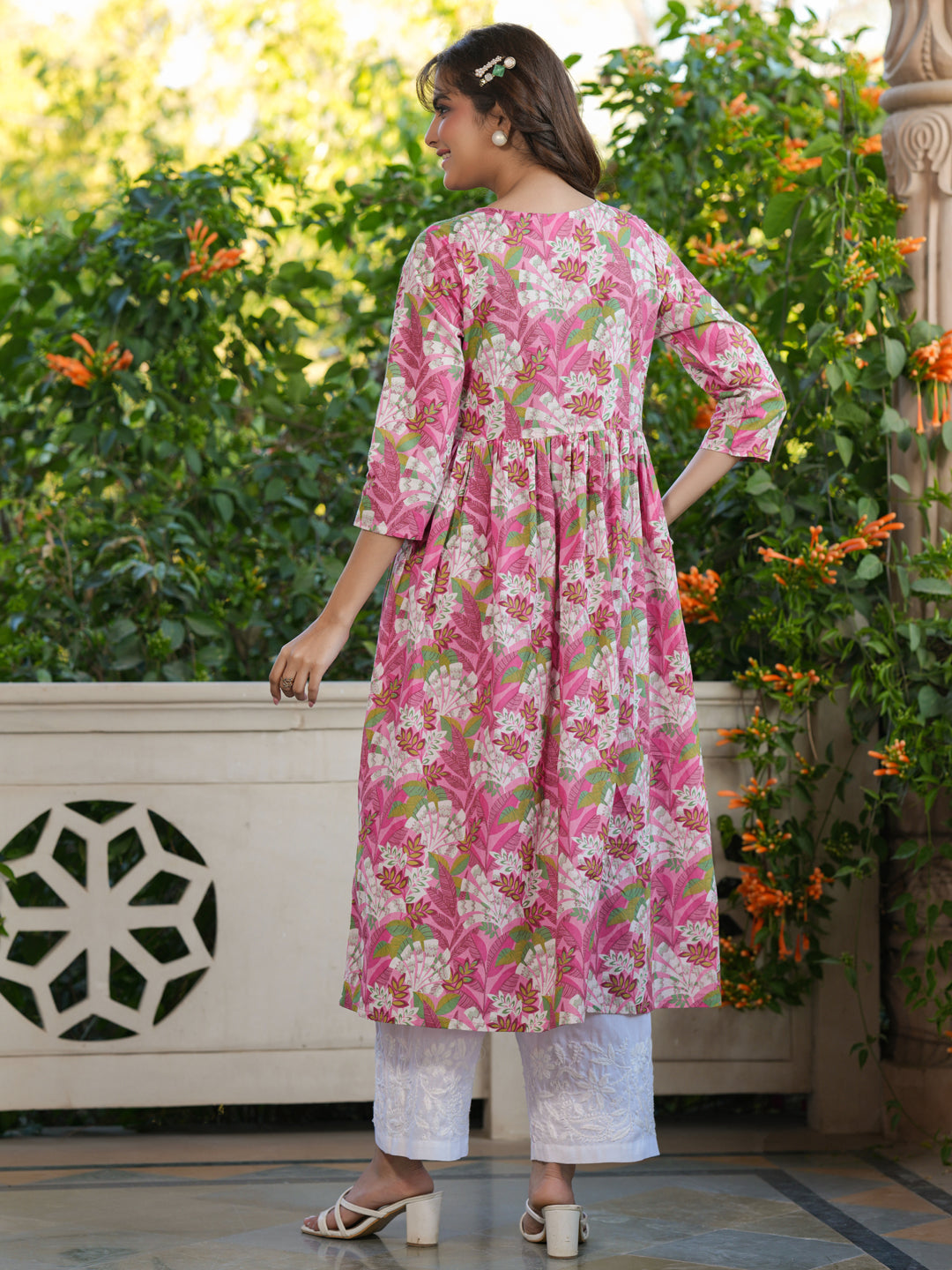 Janasya Bright Cotton Floral A-Line Kurta | Swadesiicart