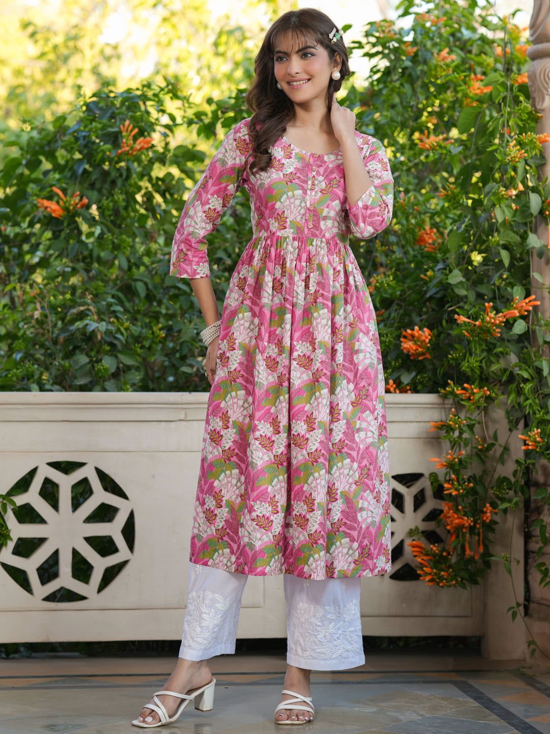 Janasya Bright Cotton Floral A-Line Kurta | Swadesiicart