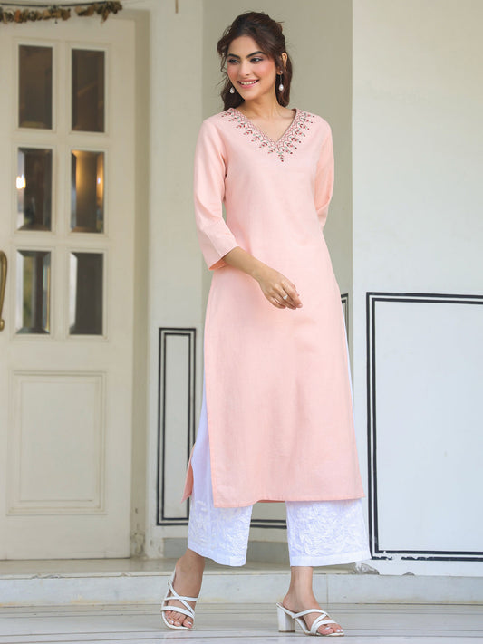 Janasya Light Cotton Yoke Embroidery Straight Kurta | Swadesiicart