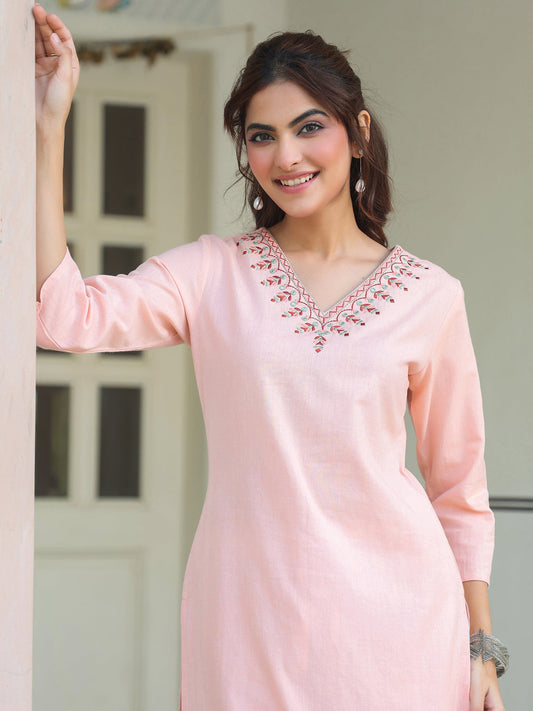 Janasya Light Cotton Yoke Embroidery Straight Kurta | Swadesiicart