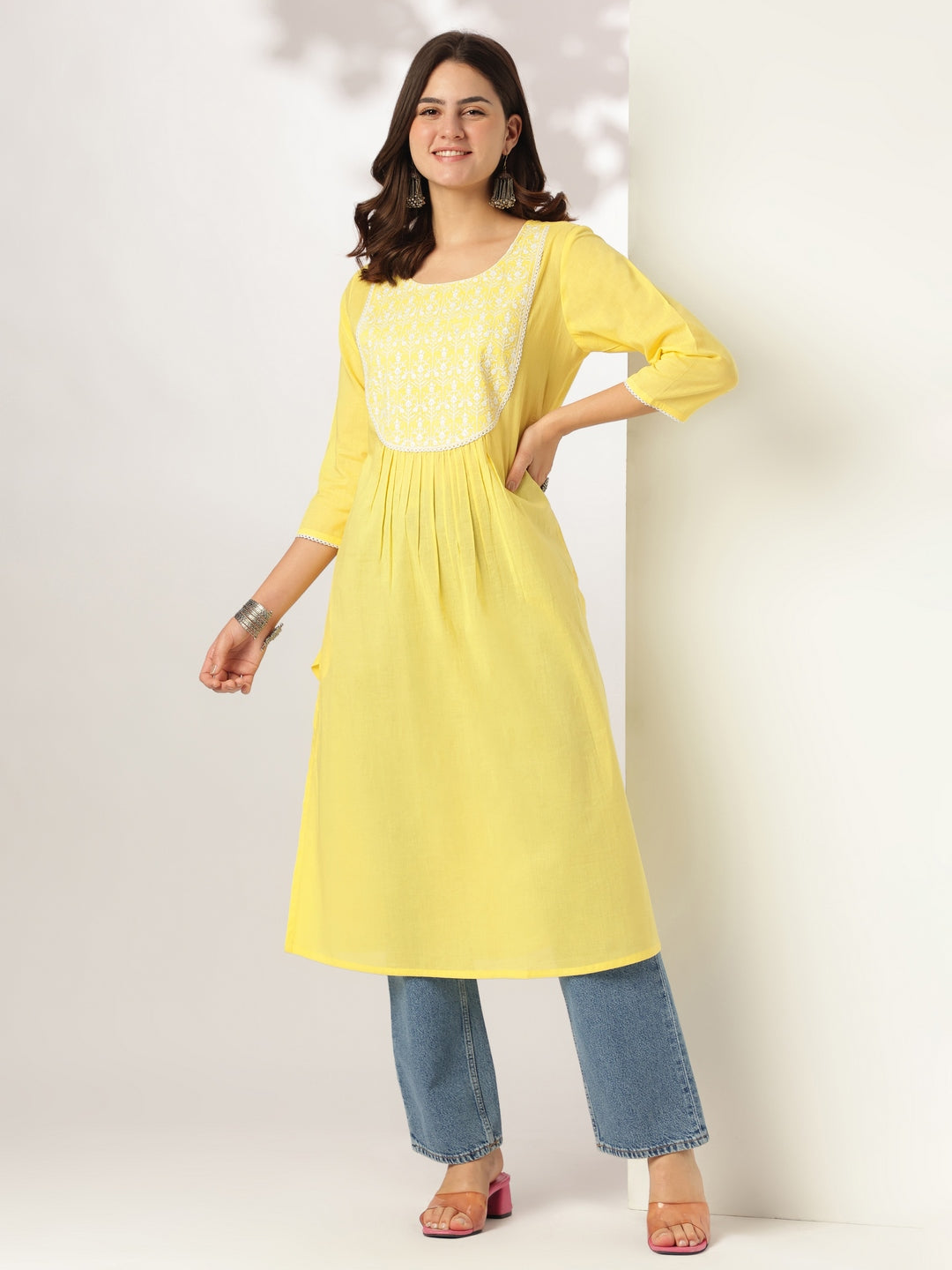 Janasya Light Cotton Yoke Embroidery A-Line Kurta | Swadesiicart