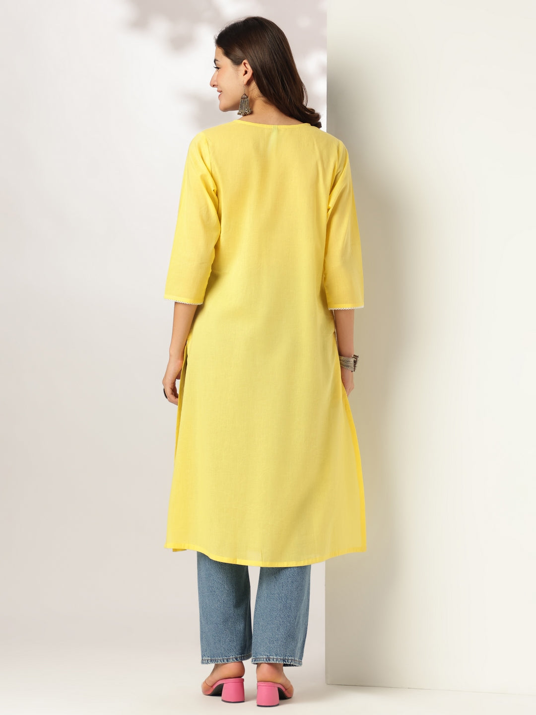 Janasya Light Cotton Yoke Embroidery A-Line Kurta | Swadesiicart