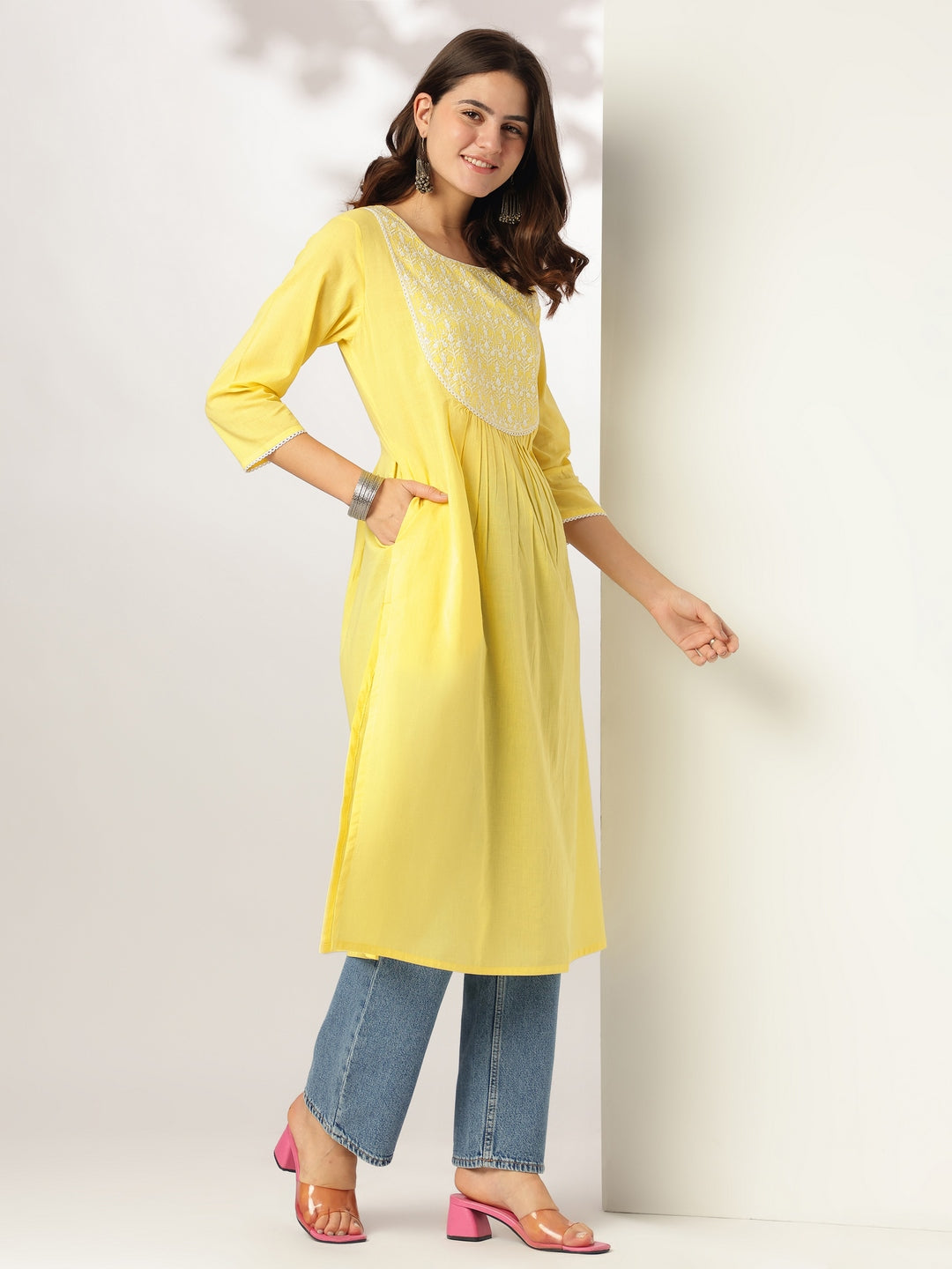 Janasya Light Cotton Yoke Embroidery A-Line Kurta | Swadesiicart