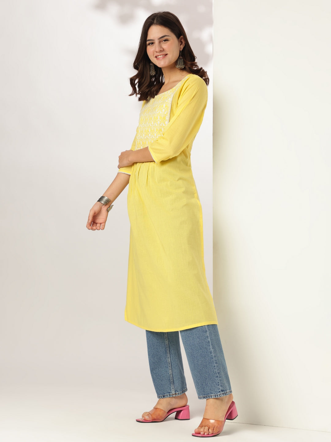 Janasya Light Cotton Yoke Embroidery A-Line Kurta | Swadesiicart