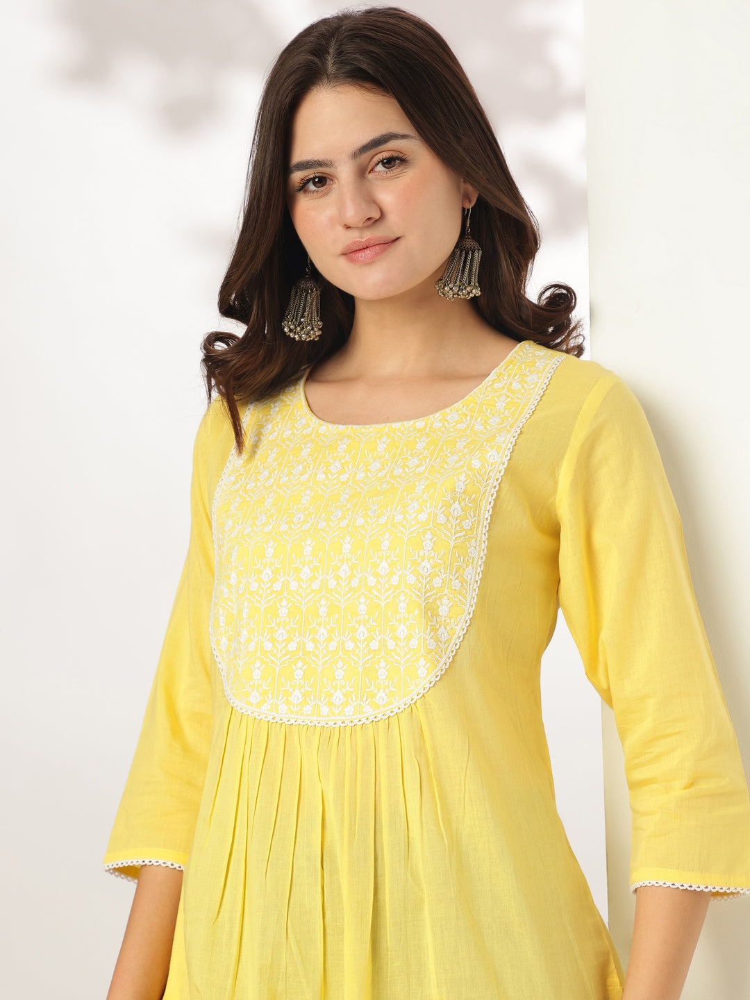Janasya Light Cotton Yoke Embroidery A-Line Kurta | Swadesiicart
