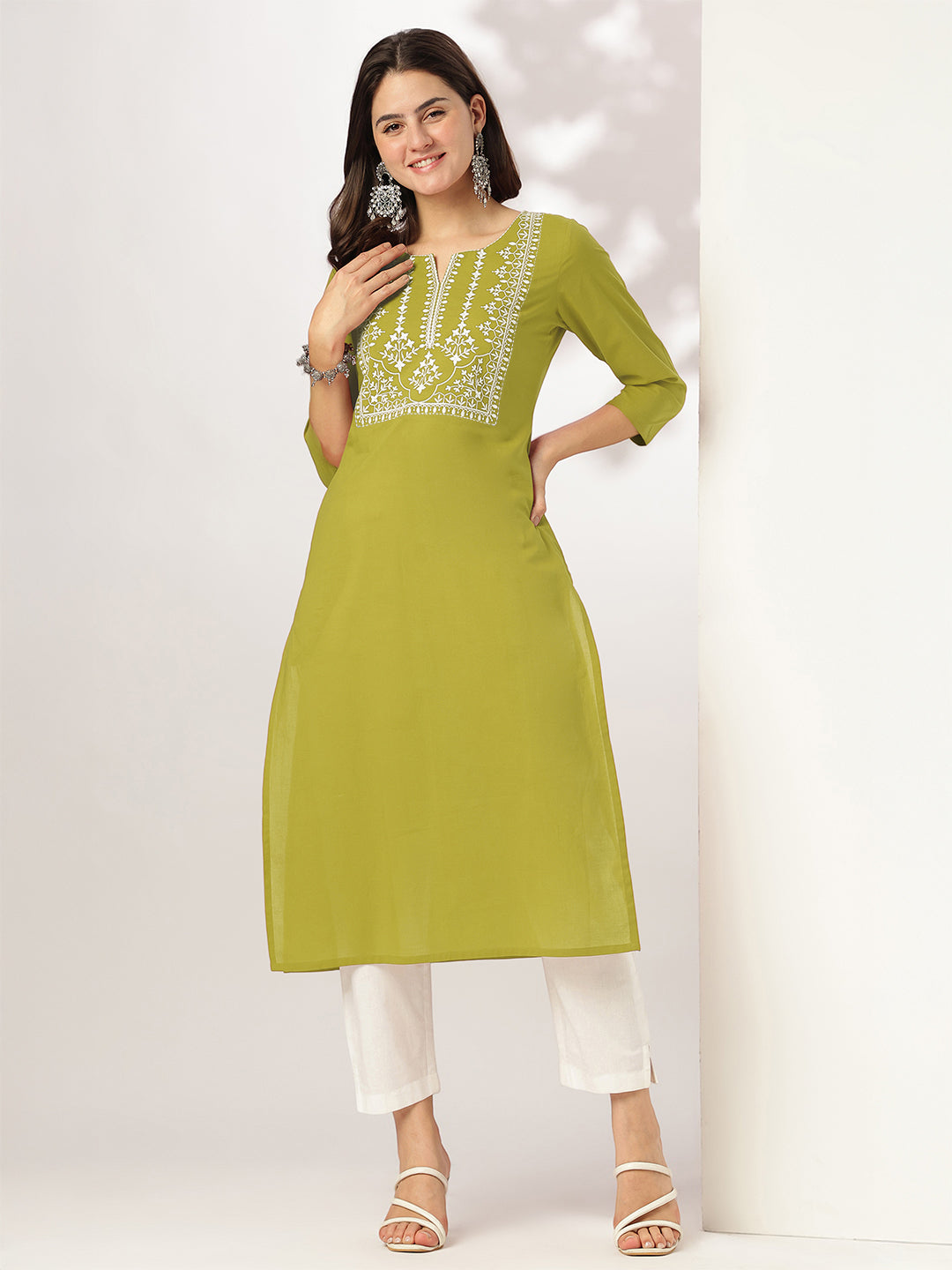 Janasya Dark Cotton Yoke Embroidery Straight Kurta - Swadesiicart