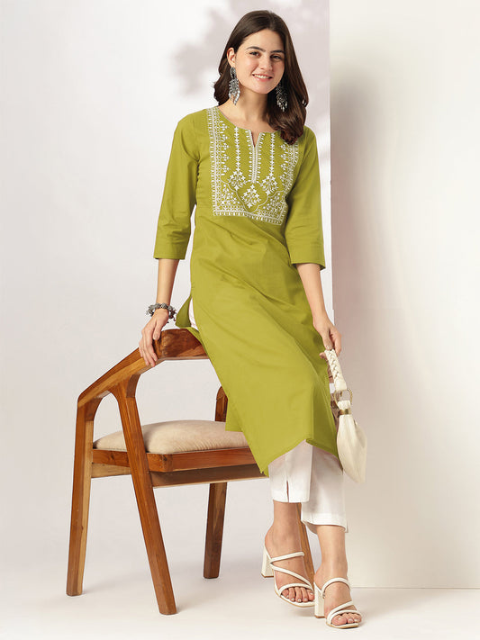 Janasya Dark Cotton Yoke Embroidery Straight Kurta - Swadesiicart