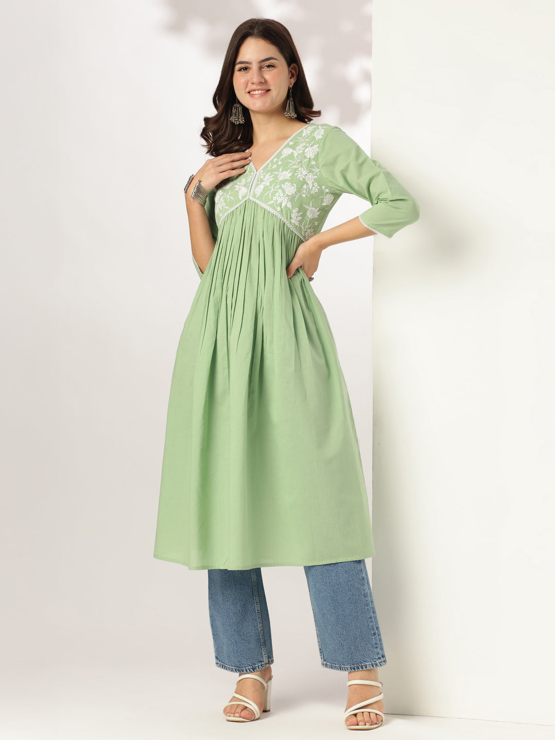 Janasya Light Cotton Yoke Embroidery A-Line Kurta | Swadesiicart