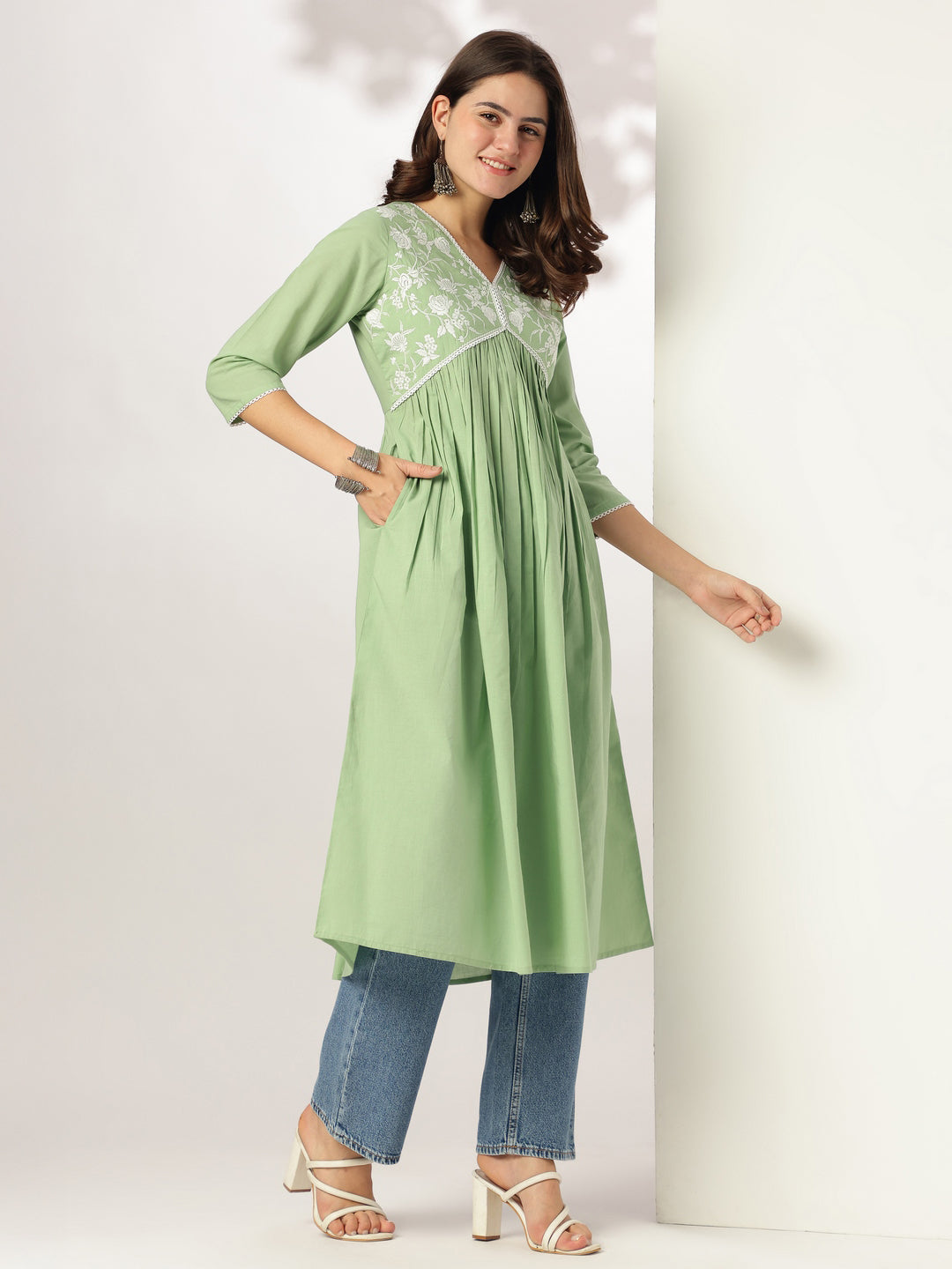 Janasya Light Cotton Yoke Embroidery A-Line Kurta | Swadesiicart
