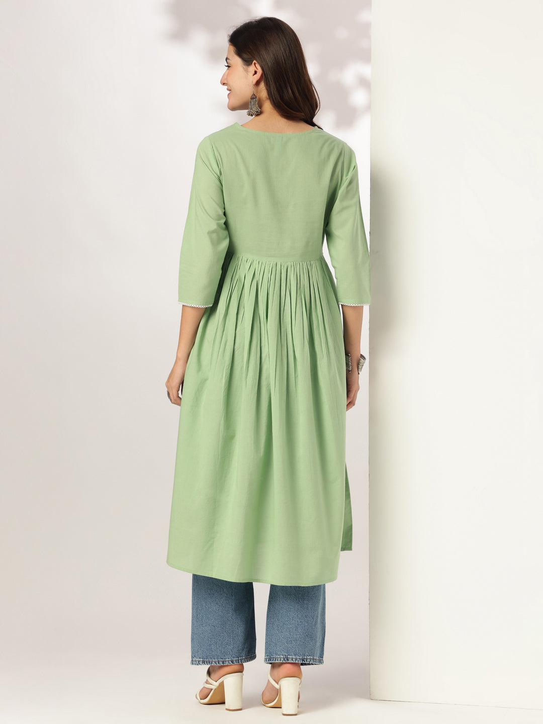 Janasya Light Cotton Yoke Embroidery A-Line Kurta | Swadesiicart