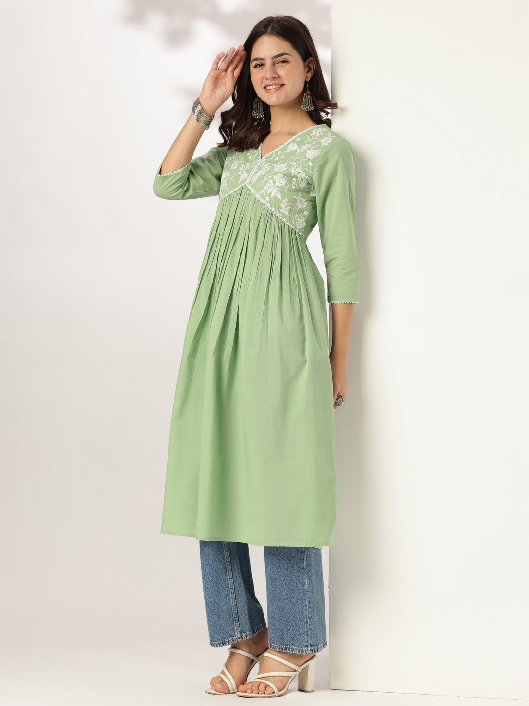 Janasya Light Cotton Yoke Embroidery A-Line Kurta | Swadesiicart