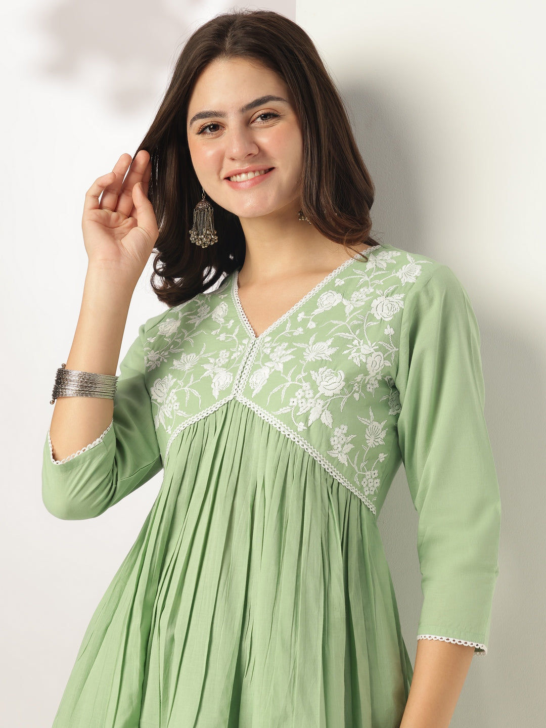 Janasya Light Cotton Yoke Embroidery A-Line Kurta | Swadesiicart