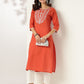 Janasya Dark Cotton Embroidered Straight Kurta | Swadesiicart