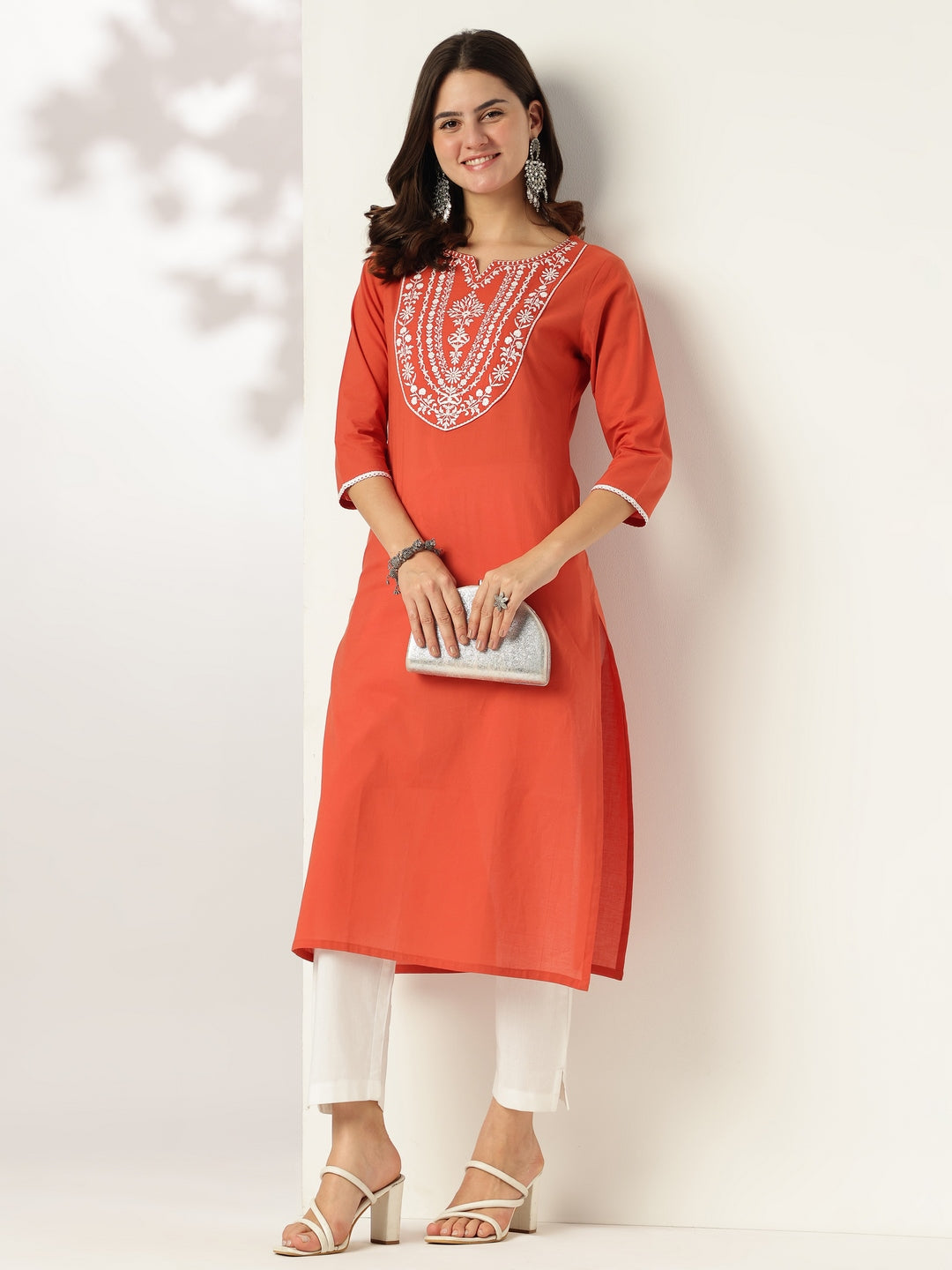 Janasya Dark Cotton Embroidered Straight Kurta | Swadesiicart