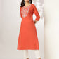 Janasya Dark Cotton Embroidered Straight Kurta | Swadesiicart