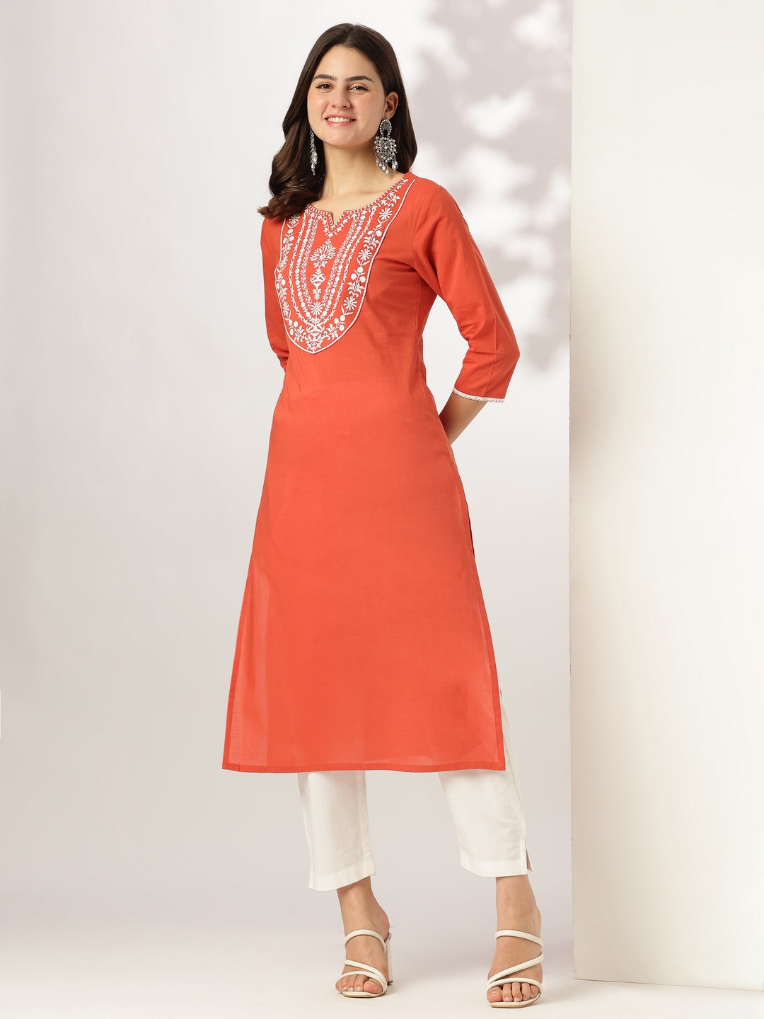 Janasya Dark Cotton Embroidered Straight Kurta | Swadesiicart