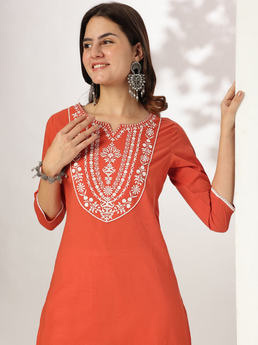 Janasya Dark Cotton Embroidered Straight Kurta | Swadesiicart