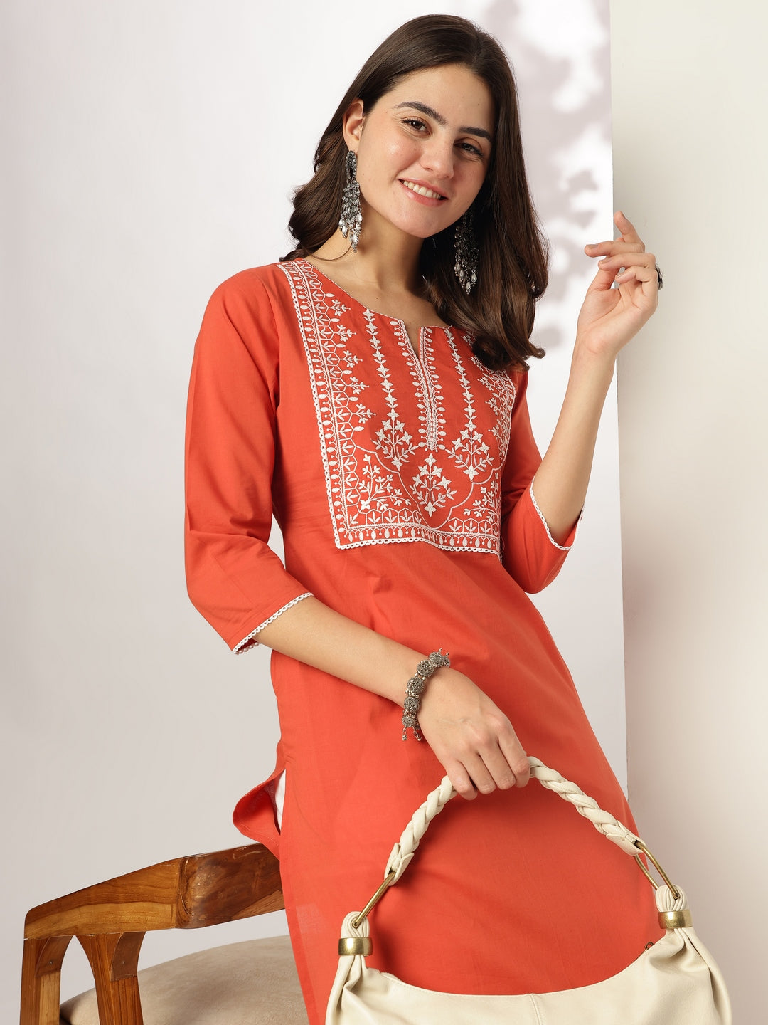 Janasya Dark Cotton Yoke Embroidery Straight Kurta - Swadesiicart