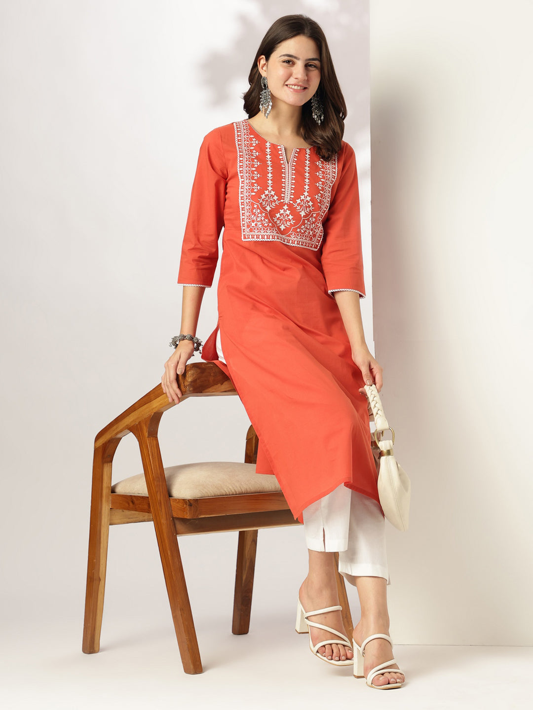 Janasya Dark Cotton Yoke Embroidery Straight Kurta - Swadesiicart