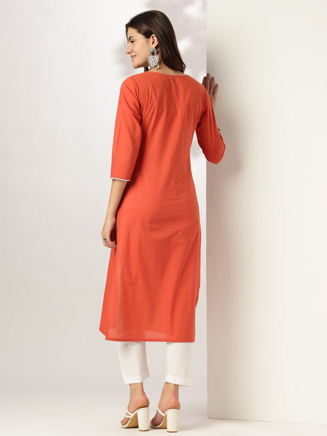 Janasya Dark Cotton Yoke Embroidery Straight Kurta - Swadesiicart