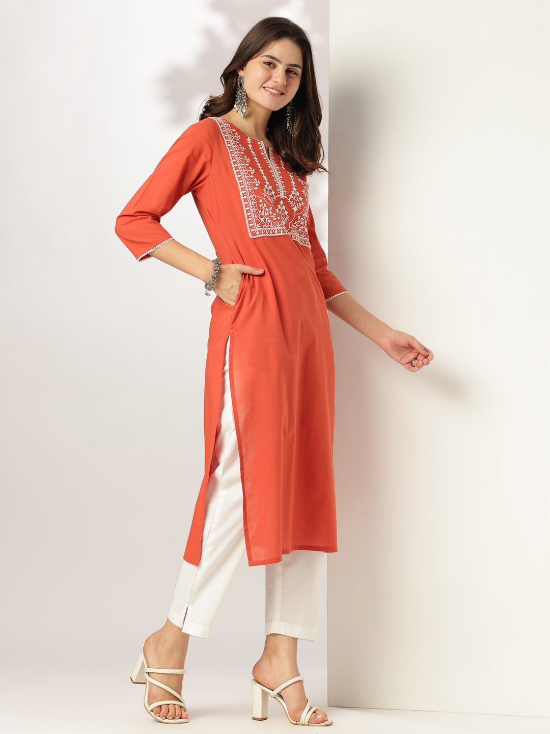 Janasya Dark Cotton Yoke Embroidery Straight Kurta - Swadesiicart