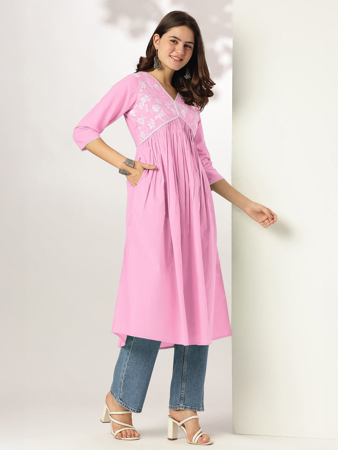 Janasya Light Cotton Yoke Embroidery A-Line Kurta | Swadesiicart