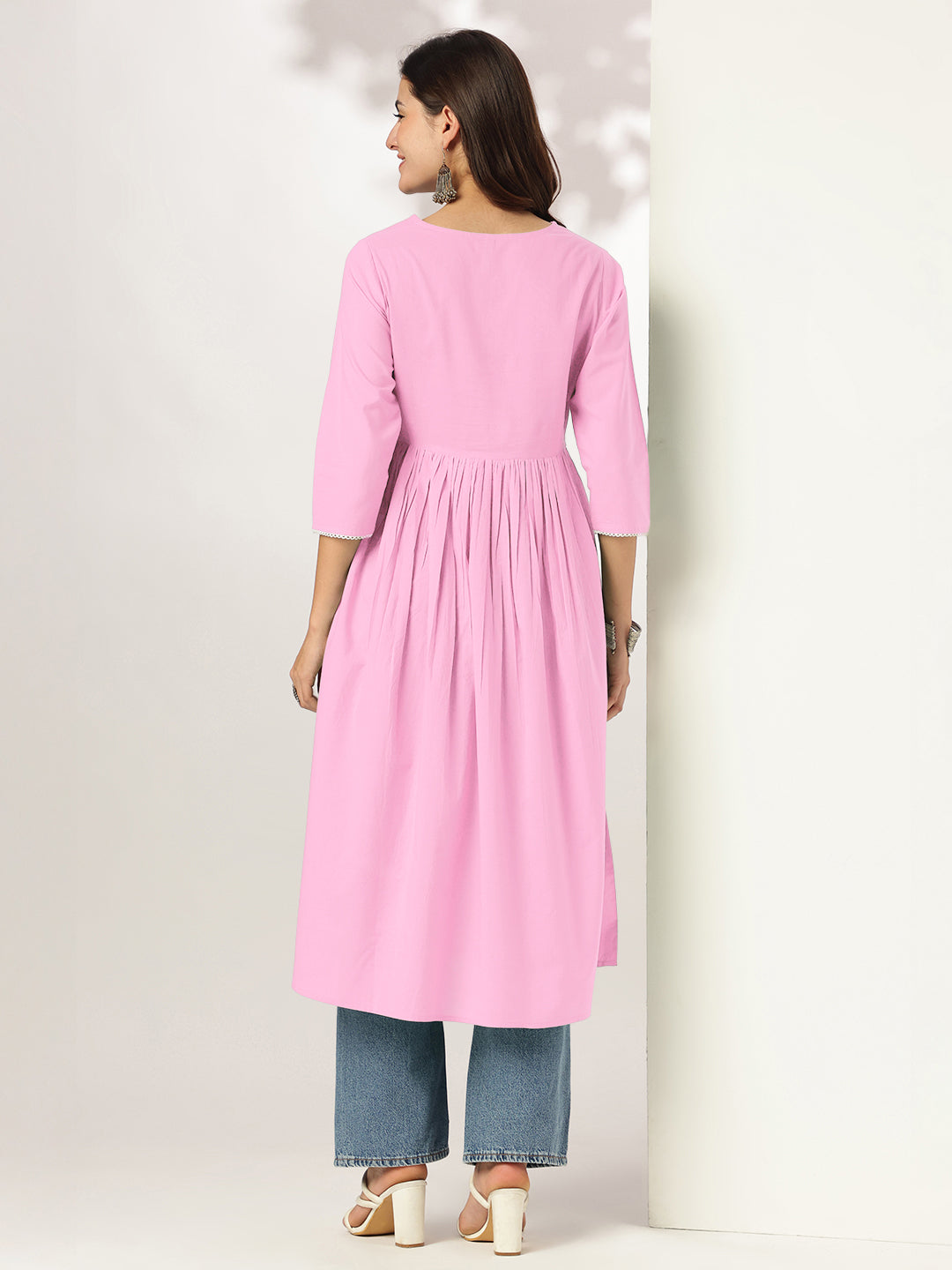 Janasya Light Cotton Yoke Embroidery A-Line Kurta | Swadesiicart