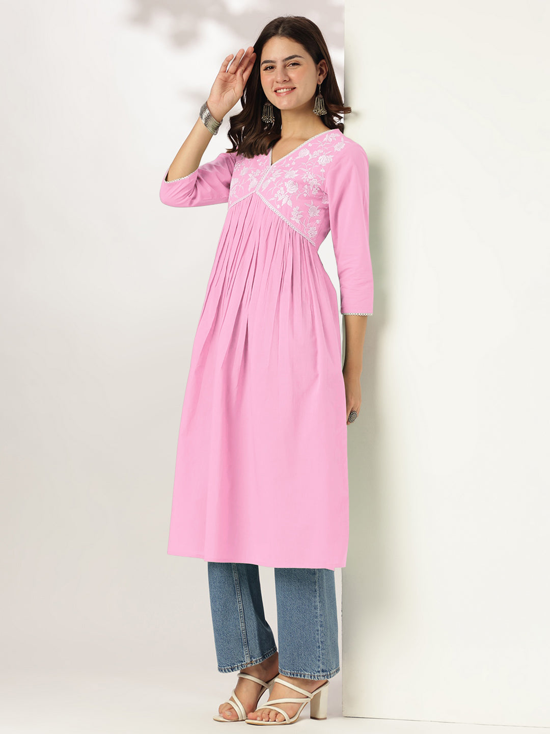 Janasya Light Cotton Yoke Embroidery A-Line Kurta | Swadesiicart
