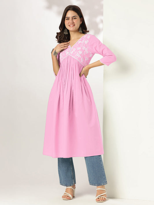 Janasya Light Cotton Yoke Embroidery A-Line Kurta | Swadesiicart