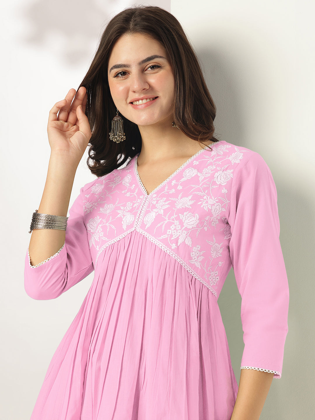 Janasya Light Cotton Yoke Embroidery A-Line Kurta | Swadesiicart