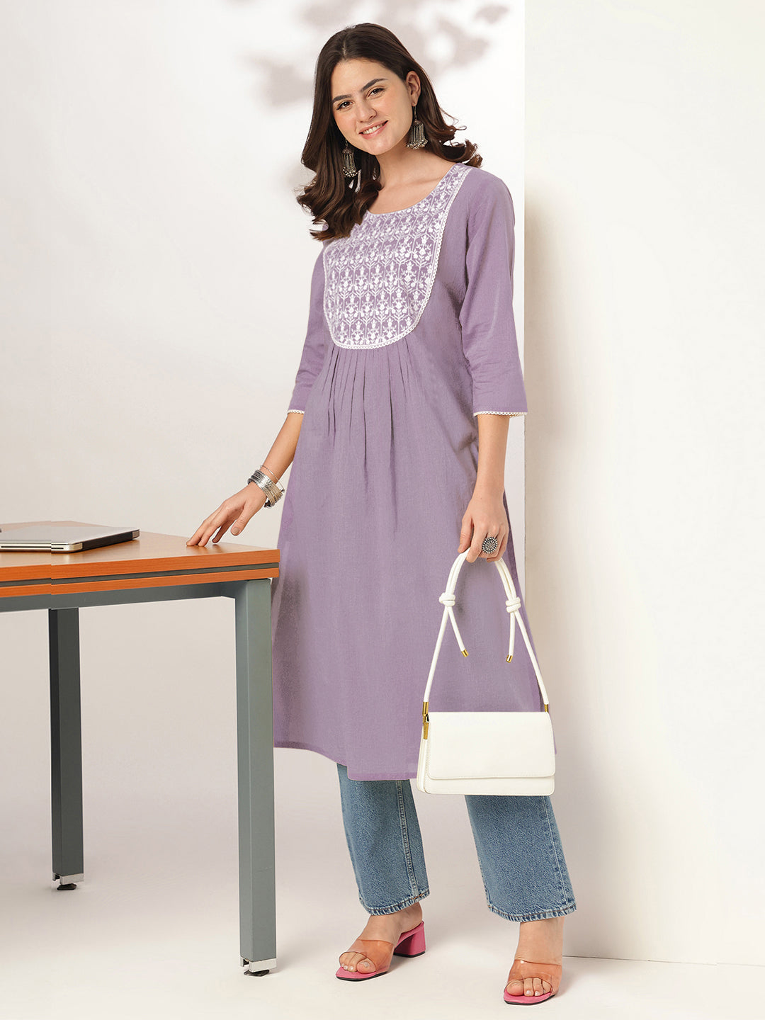 Janasya Light Cotton Yoke Embroidery Straight Kurta | Swadesiicart