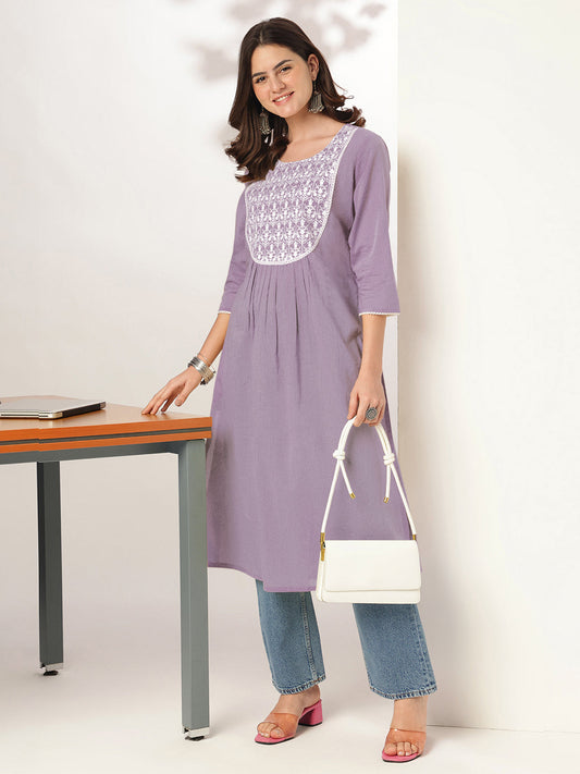 Janasya Light Cotton Yoke Embroidery Straight Kurta | Swadesiicart