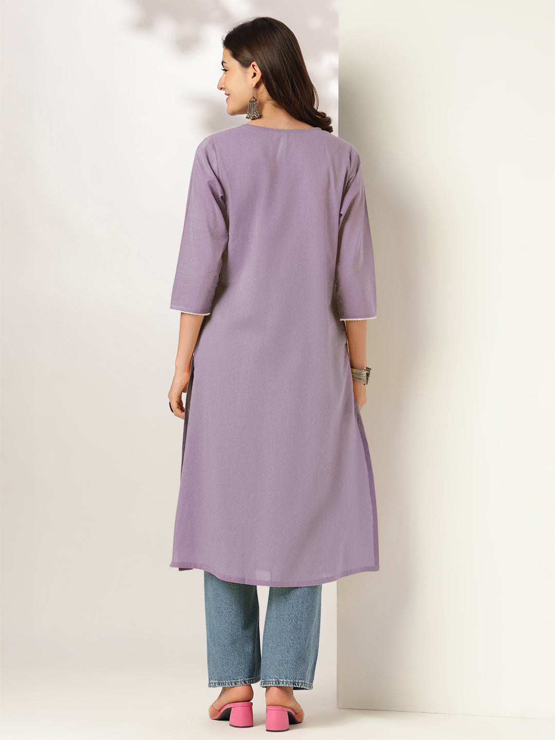 Janasya Light Cotton Yoke Embroidery Straight Kurta | Swadesiicart