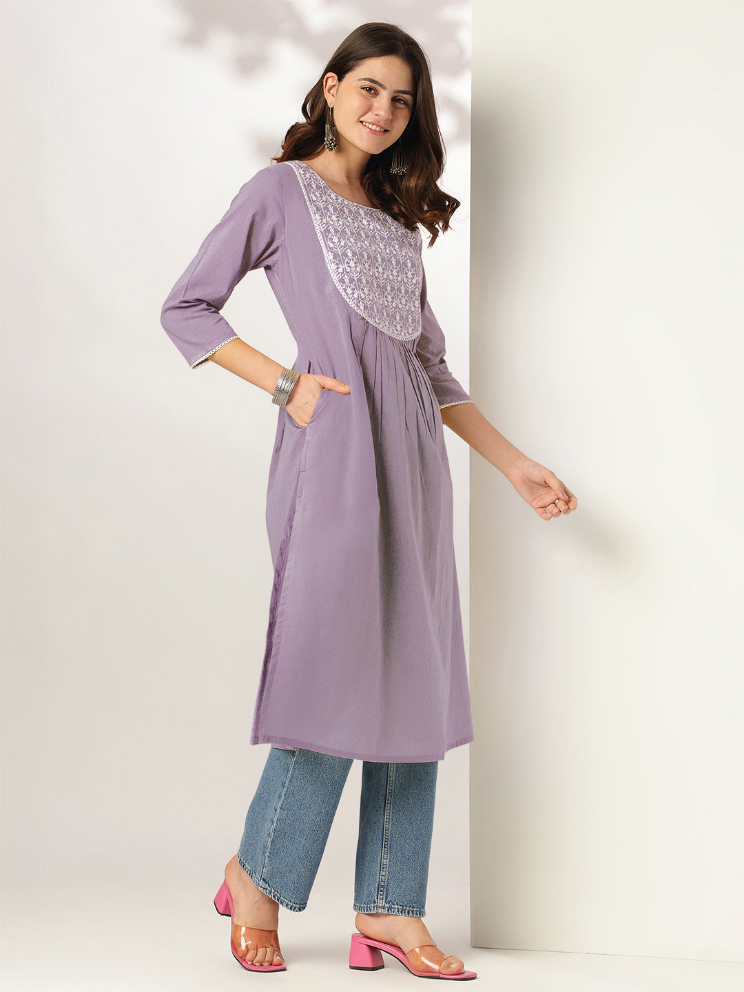 Janasya Light Cotton Yoke Embroidery Straight Kurta | Swadesiicart