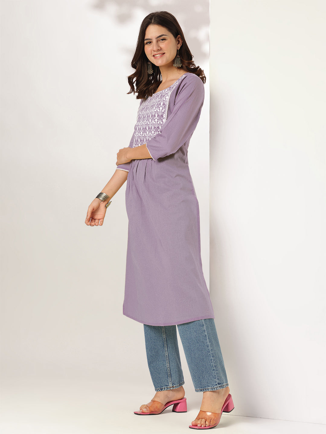 Janasya Light Cotton Yoke Embroidery Straight Kurta | Swadesiicart