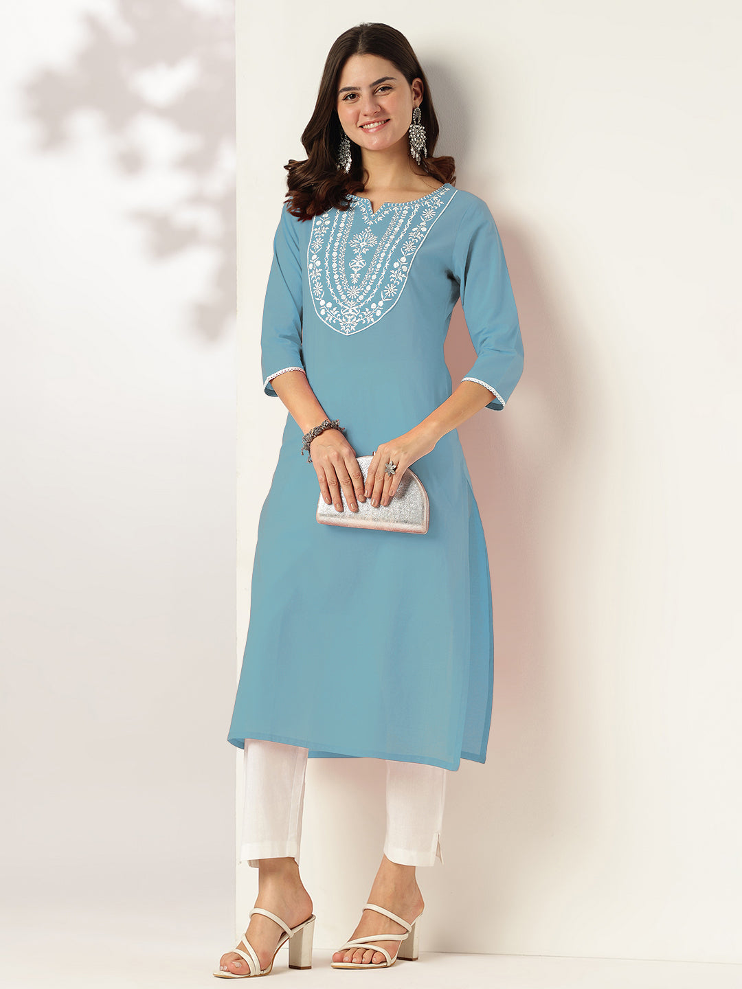 Janasya Light Cotton Yoke Embroidery Straight Kurta | Swadesiicart