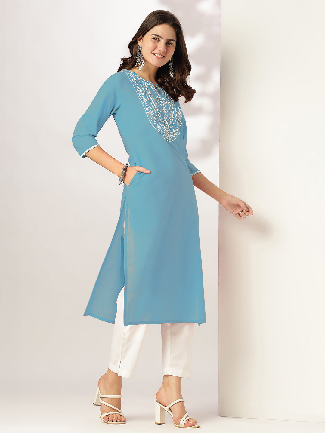 Janasya Light Cotton Yoke Embroidery Straight Kurta | Swadesiicart