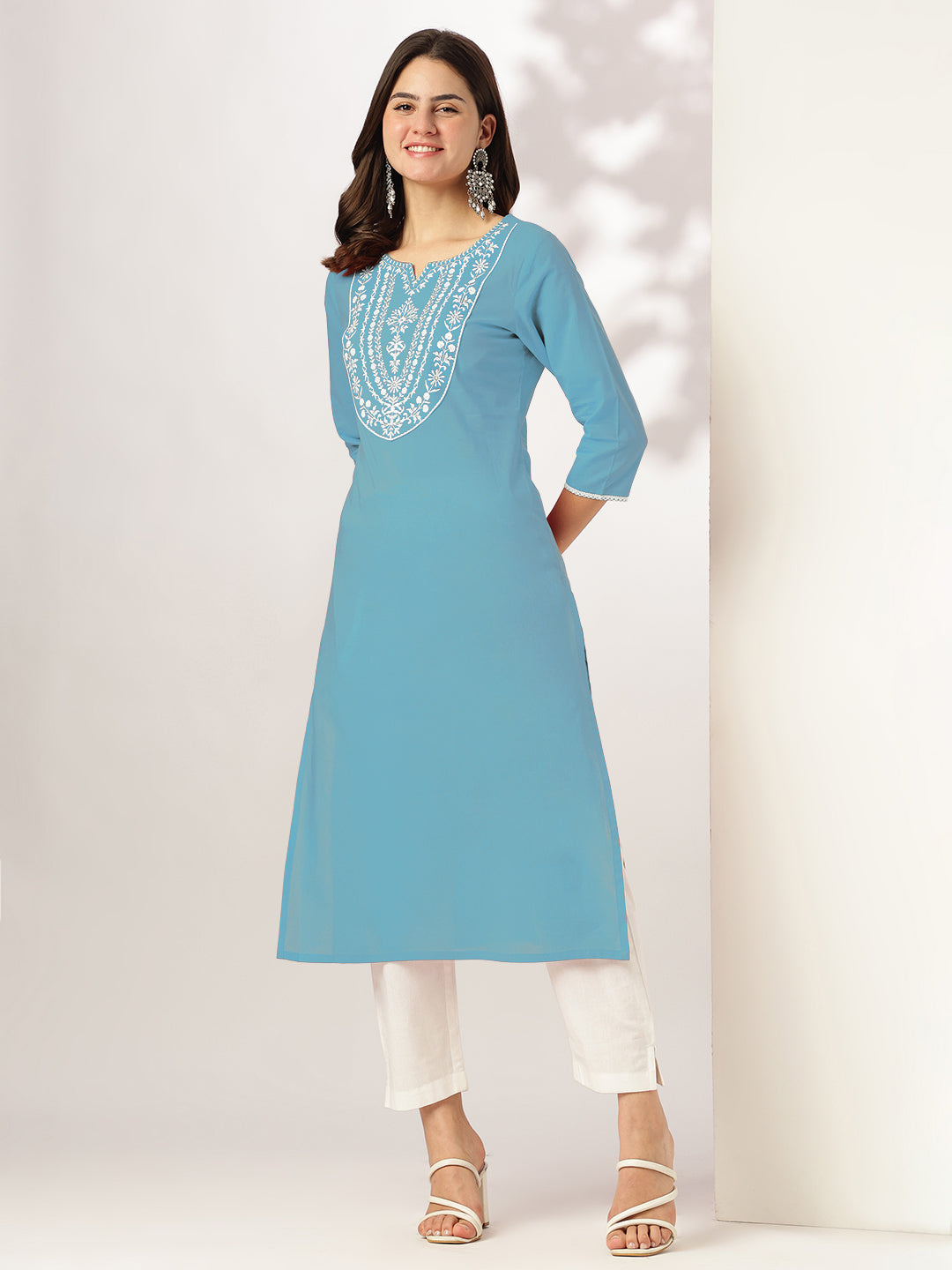 Janasya Light Cotton Yoke Embroidery Straight Kurta | Swadesiicart