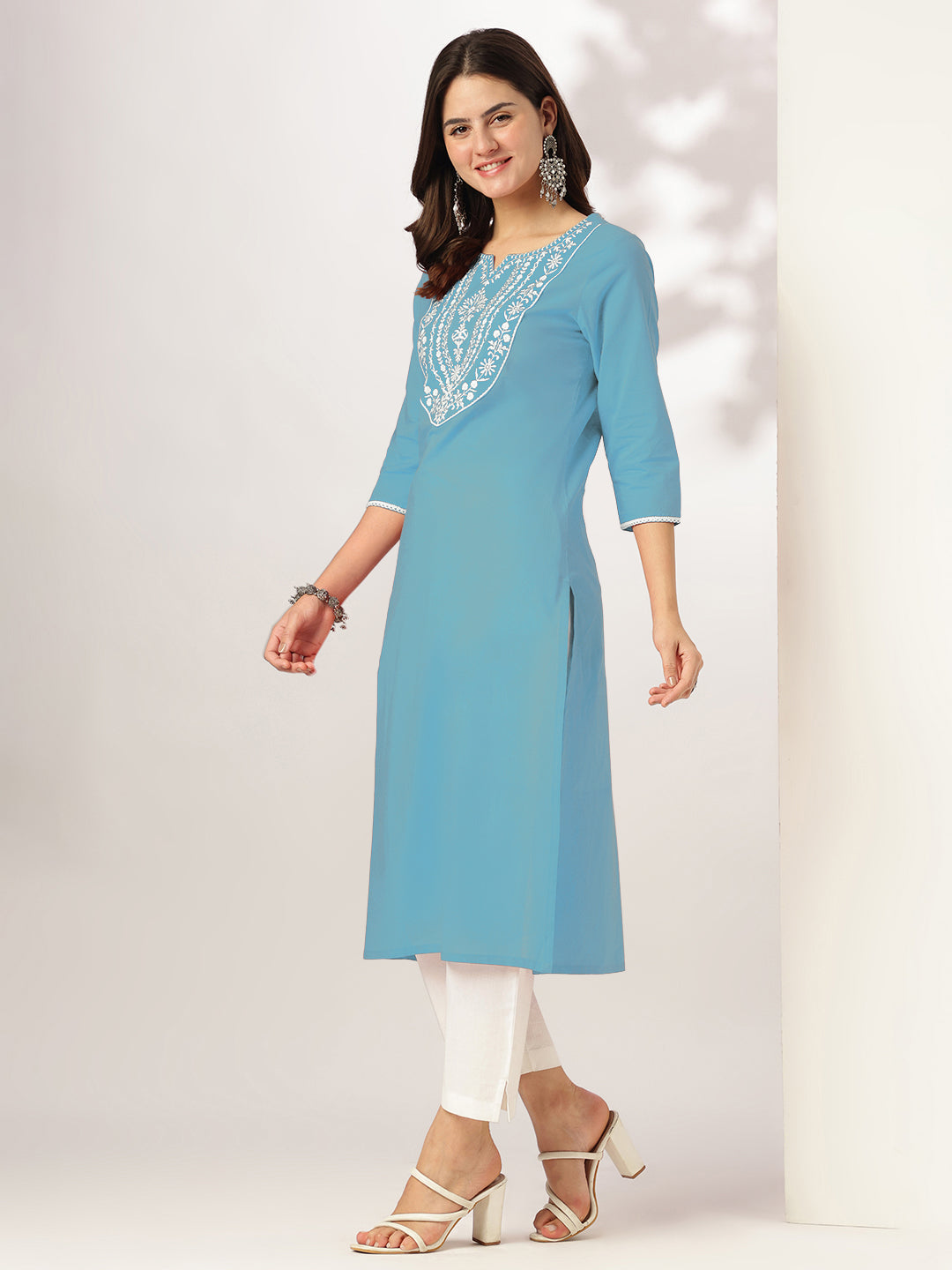 Janasya Light Cotton Yoke Embroidery Straight Kurta | Swadesiicart
