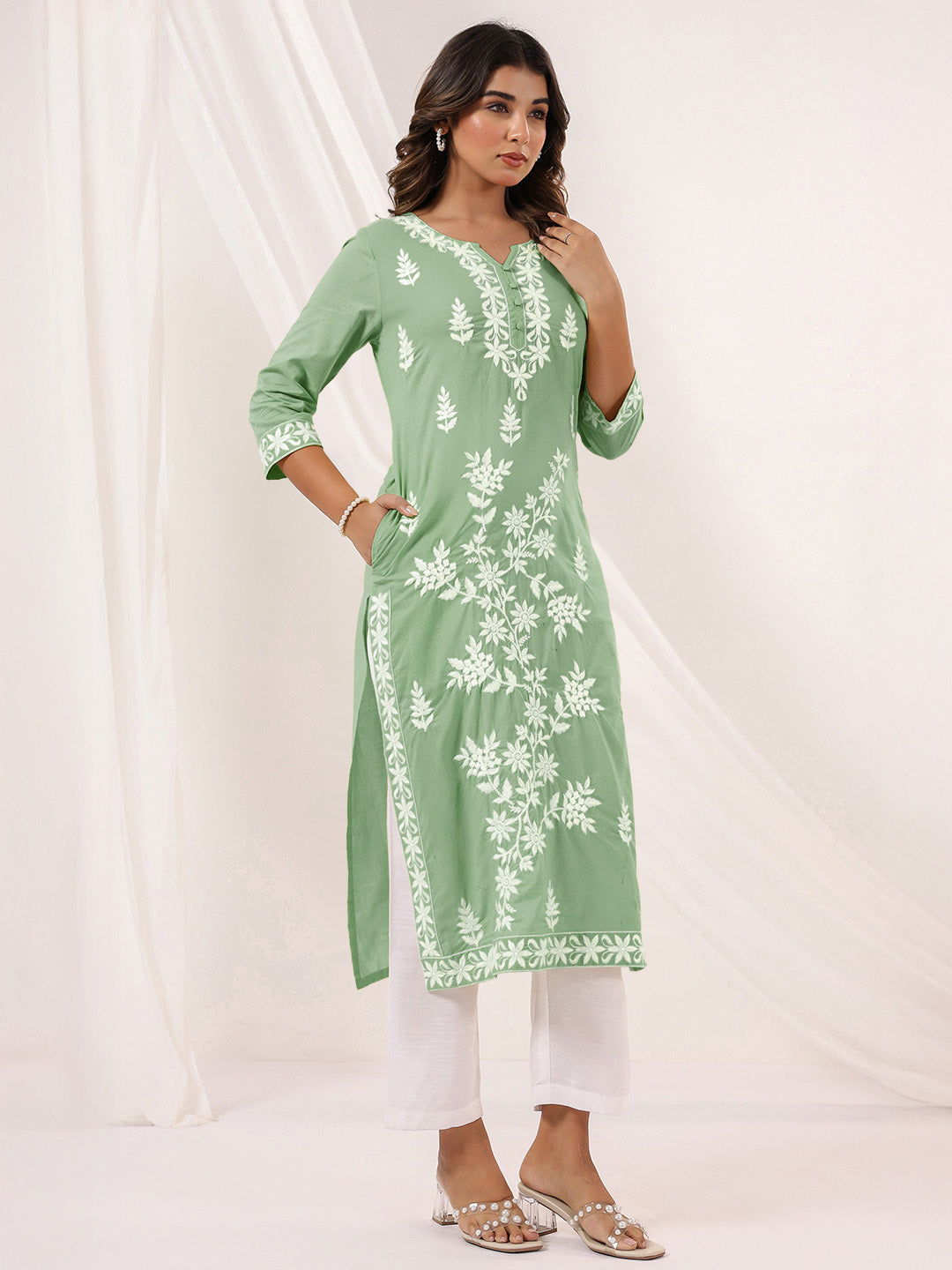 Janasya Light Cotton Embroidered Straight Kurta | Swadesiicart