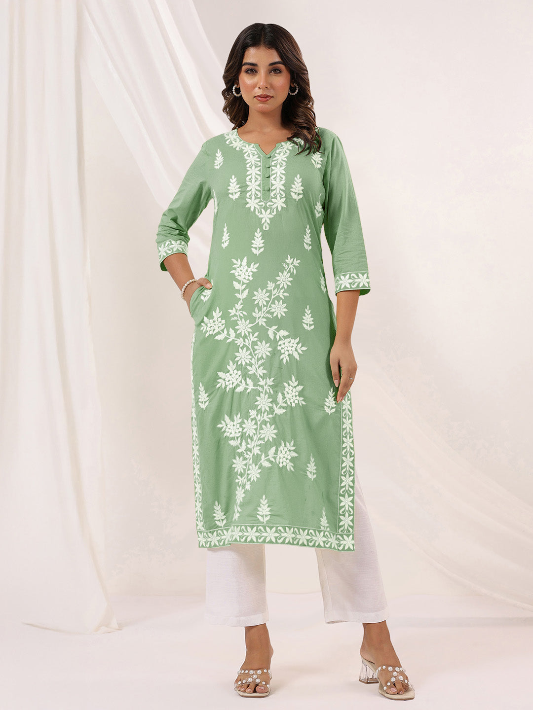 Janasya Light Cotton Embroidered Straight Kurta | Swadesiicart