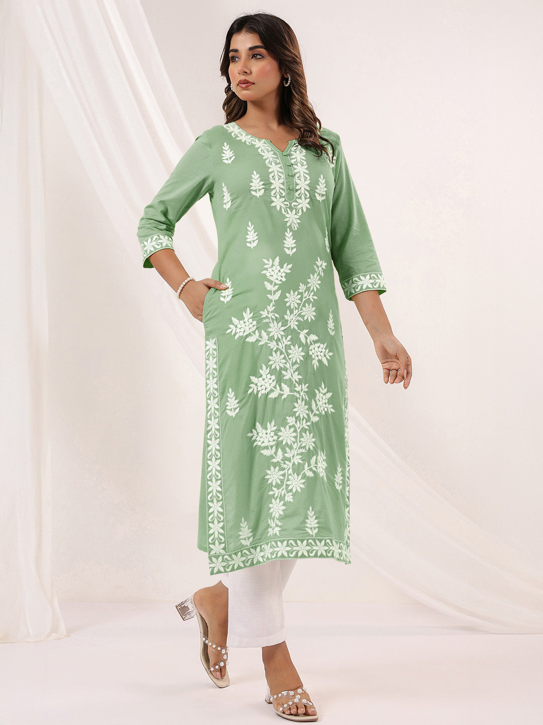 Janasya Light Cotton Embroidered Straight Kurta | Swadesiicart
