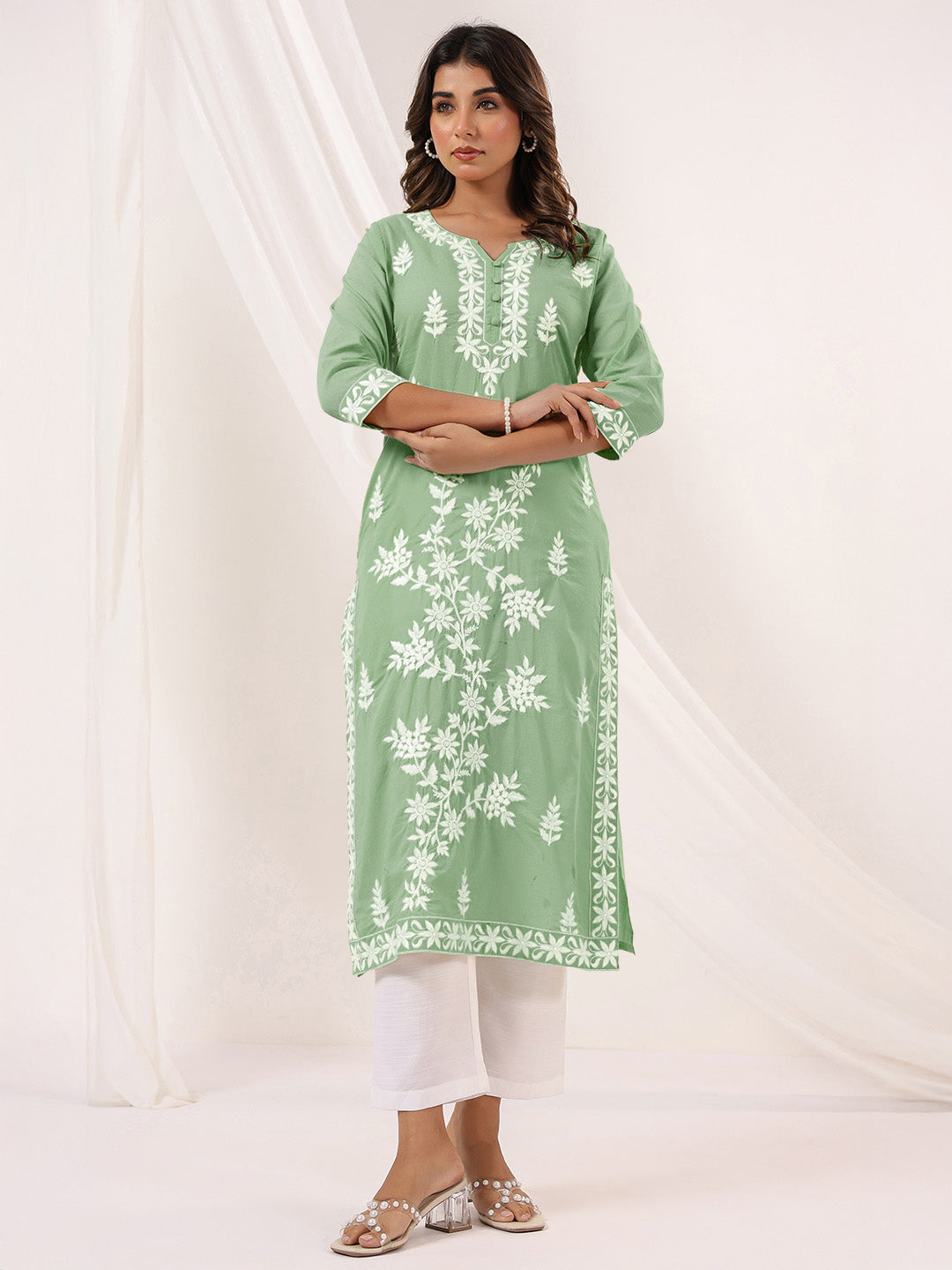 Janasya Light Cotton Embroidered Straight Kurta | Swadesiicart