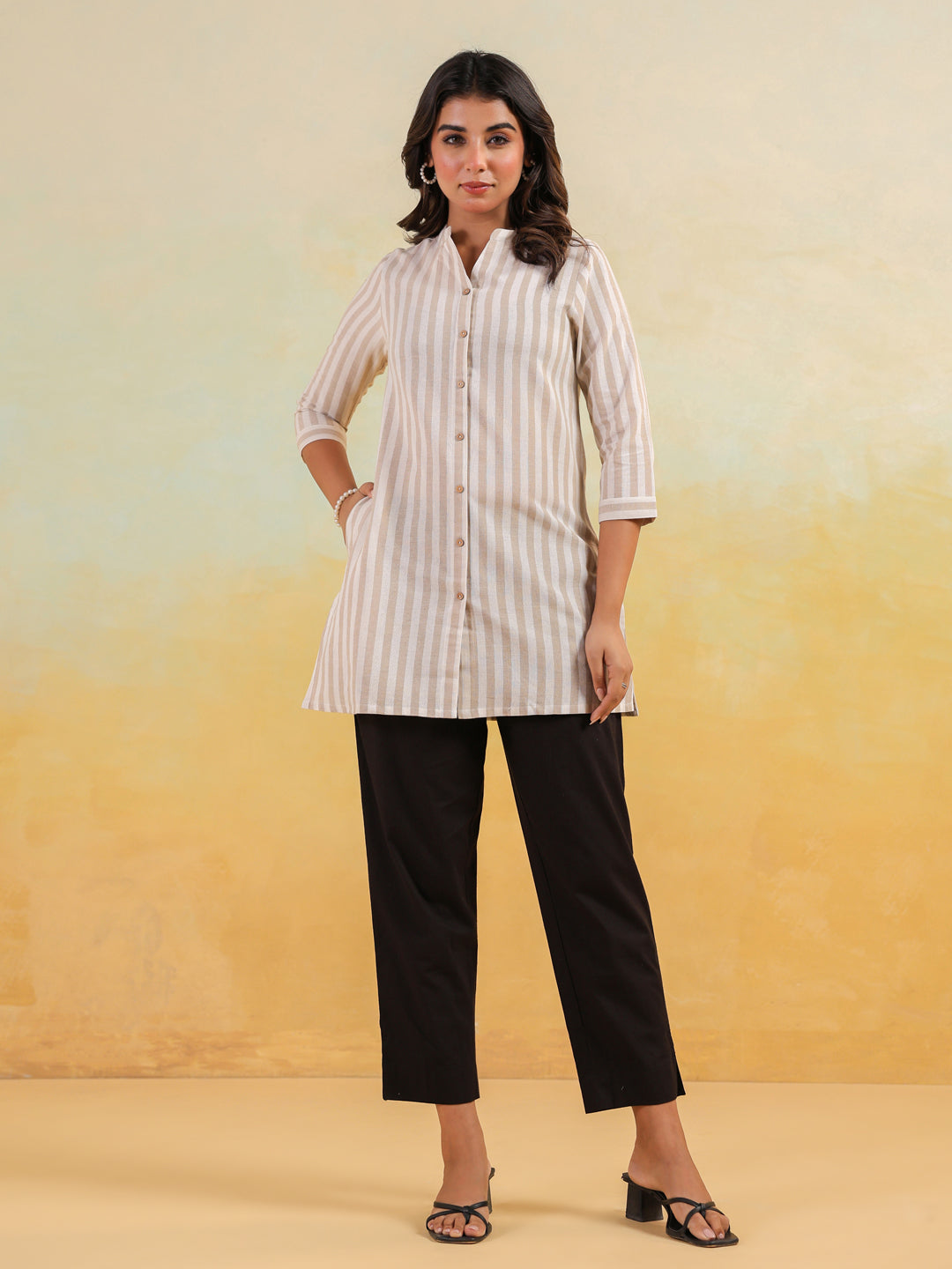 Janasya Light Cotton Striped Straight Kurta - Swadesiicart