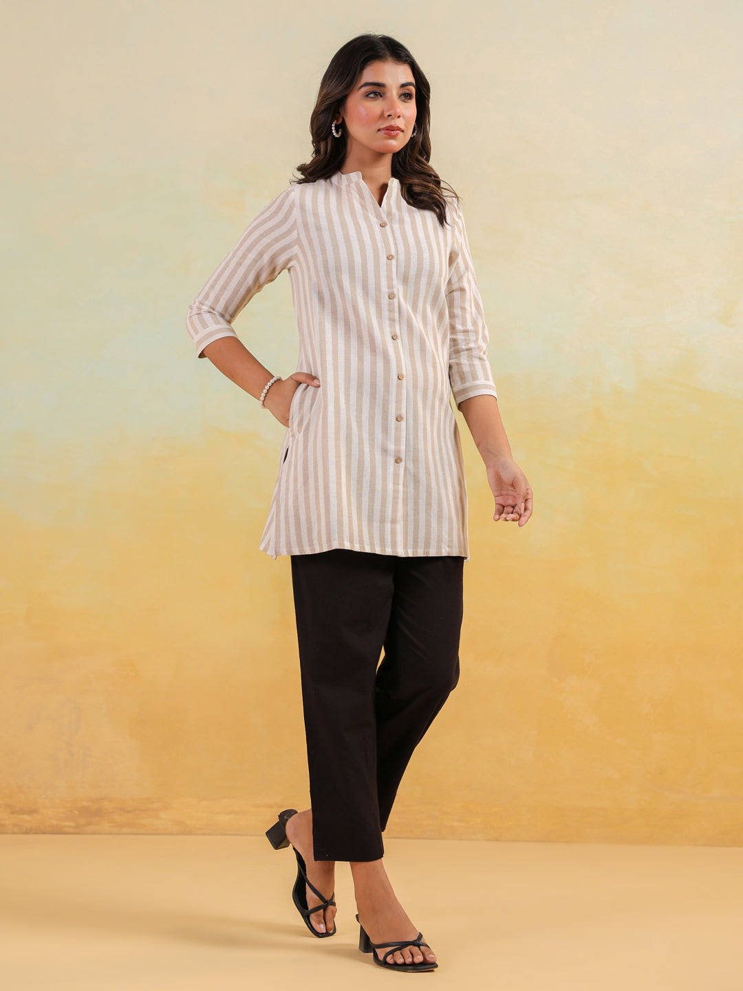 Janasya Light Cotton Striped Straight Kurta - Swadesiicart